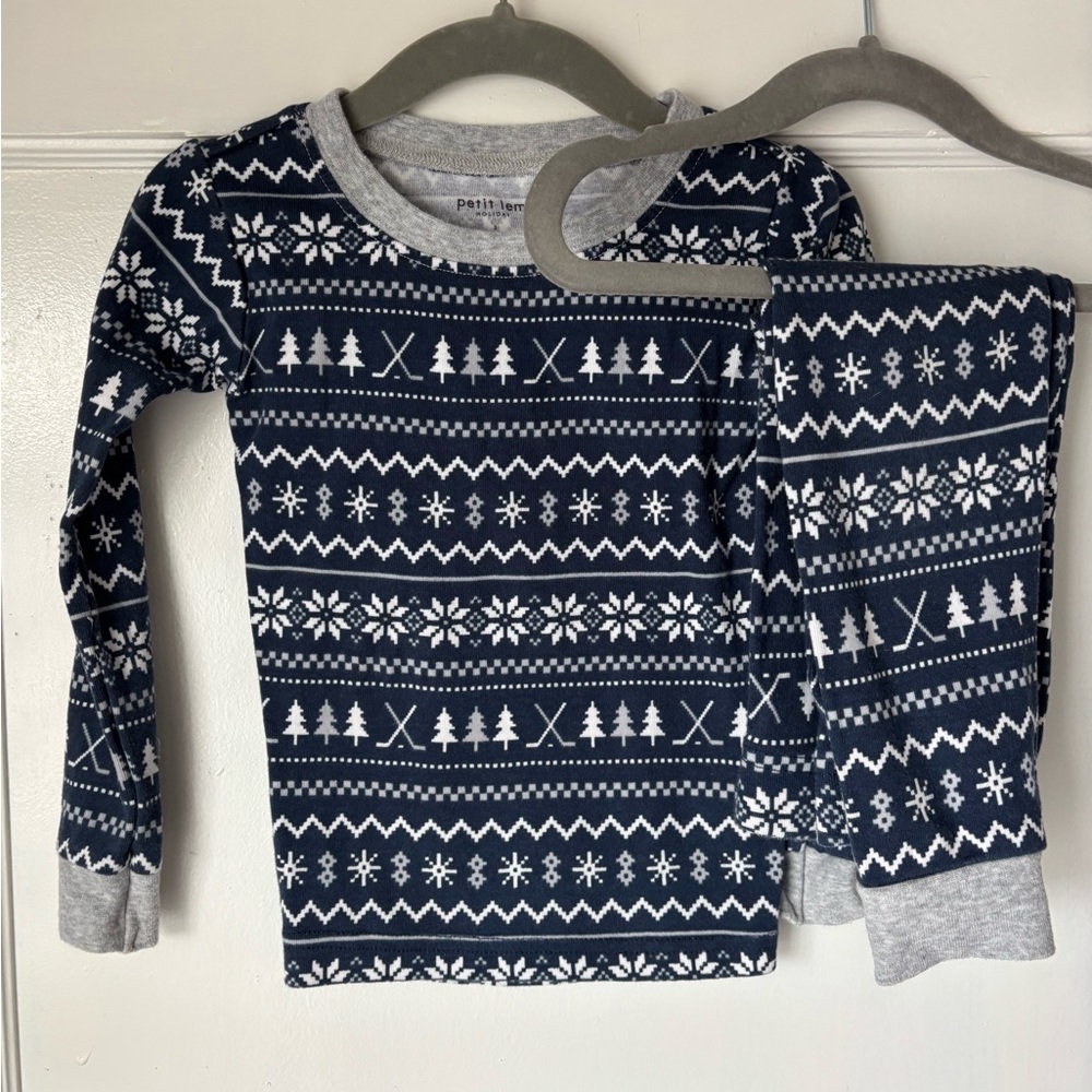 Petit Lem Holiday– Fairisle Hockey Pj Set – Dark Blue - Size 3